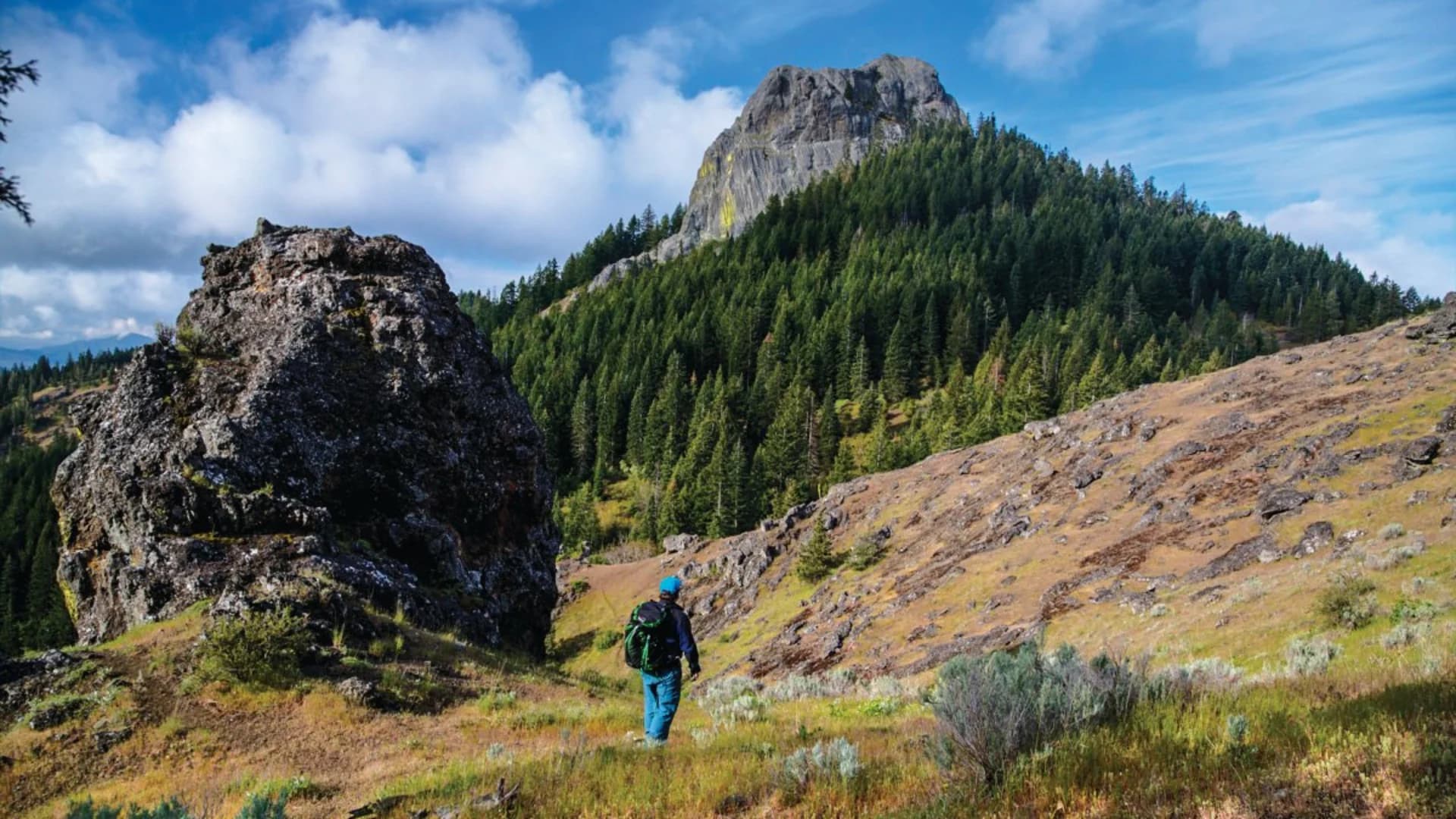 A hiker wearing a backpack walks on a rocky path with green mountains and blue sky in the background.