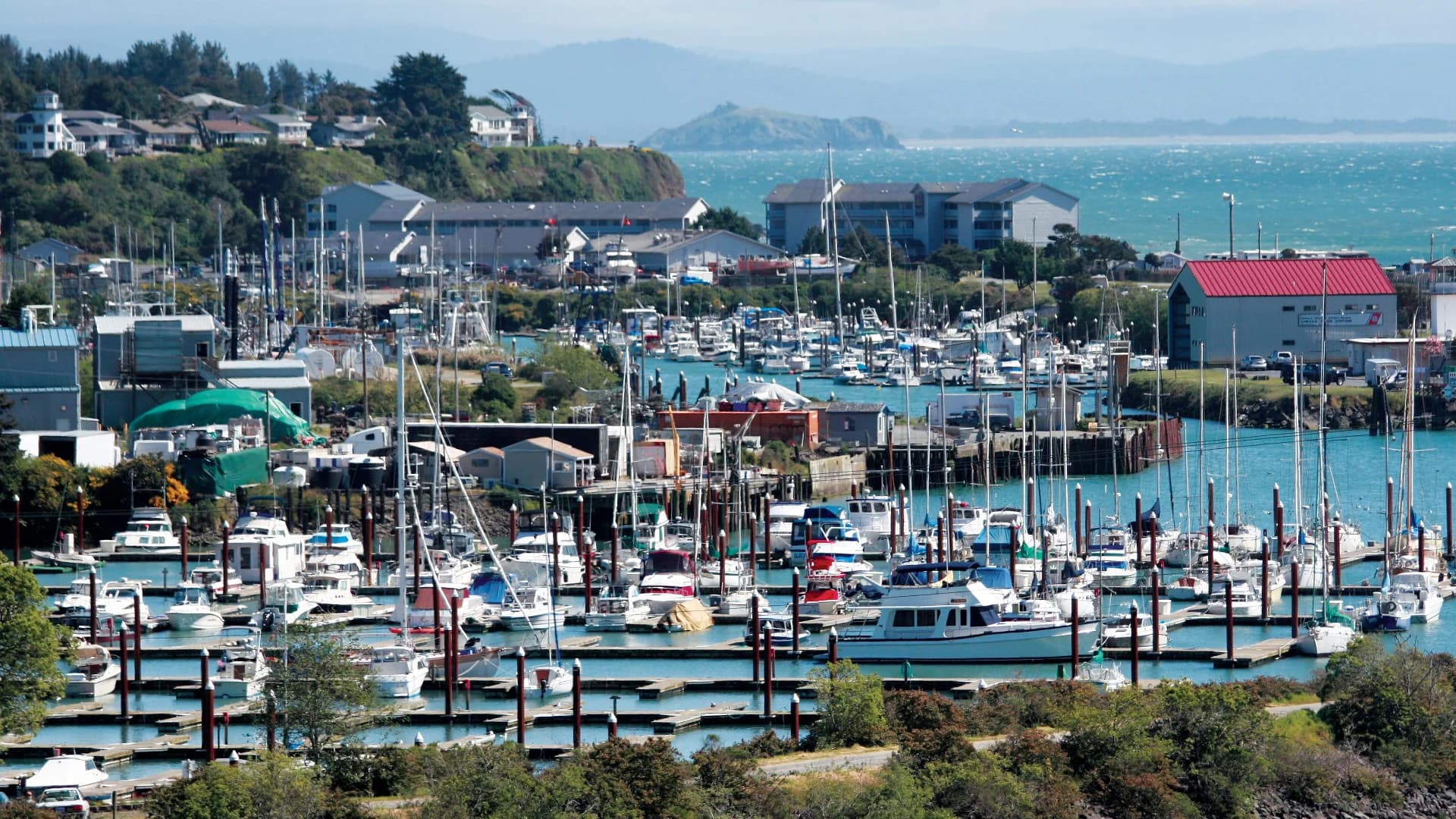 A marina filled with various boats and yachts, surrounded by residential buildings and lush greenery.