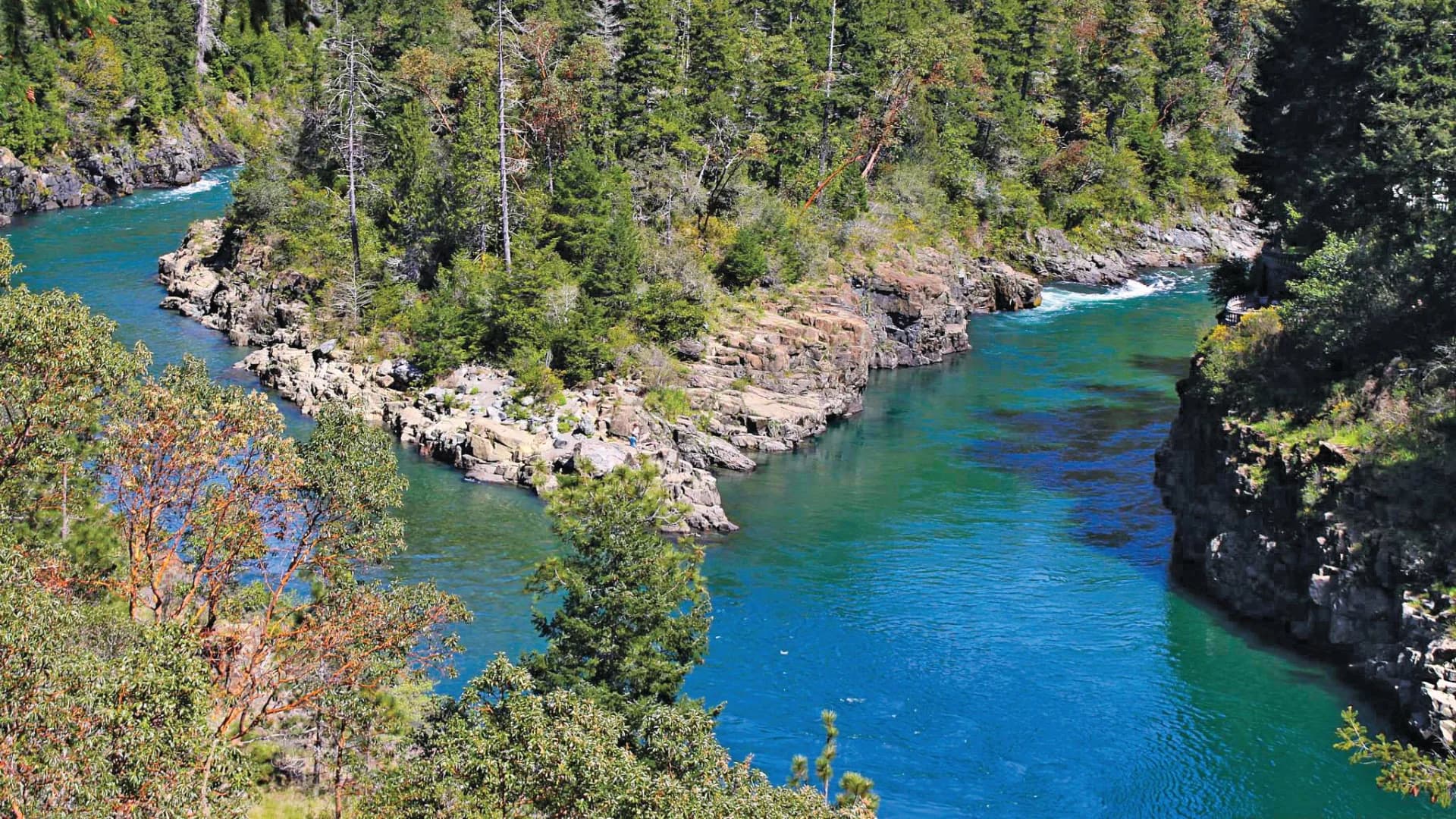 A winding river flows through a rocky landscape, surrounded by lush greenery and trees on both sides.