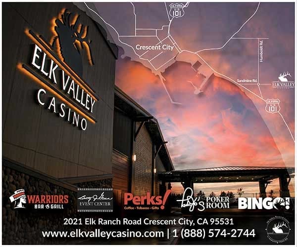 Elk Valley Casino billboard with “ELK VALLEY CASINO,” “Crescent City,” and game ads including “BINGO” and “POKER ROOM.”
