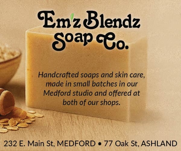 EmzBlendz Soap Co. bar with text: “Handcrafted soaps and skin care, made in small batches” and store addresses.