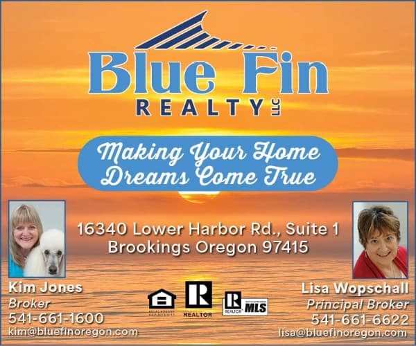 Blue Fin Realty ad with sunset background, text: “Making Your Home Dreams Come True” and “16340 Lower Harbor Rd, Suite 1”