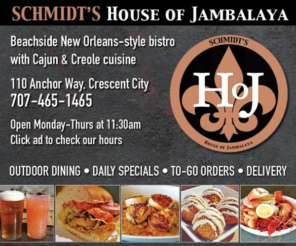 Schmidt’s House of Jambalaya menu ad for Crescent City—“Schmidt’s House of Jambalaya” and “HOJ” logo.