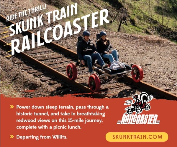 Skunk Train railcart with two riders on tracks; text reads “RIDE THE THRILL! SKUNK TRAIN RAILCOASTER” and “SKUNKTRAIN.COM”