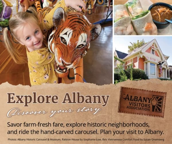 Collage ad: girl with tiger carousel, “Explore Albany” and “Albany Visitors Association” with text about visiting Albany.