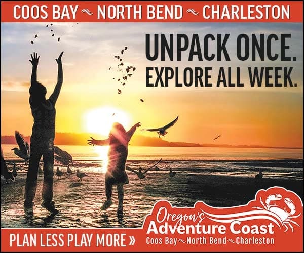 Adventure Coast travel ad with text “UNPACK ONCE. EXPLORE ALL WEEK.” at sunset beach scene and jumping travelers.