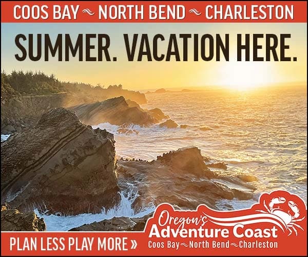 Coastal summer vacation ad with sunset over Oregon coast; text: “SUMMER. VACATION HERE.” and “OREGON’S ADVENTURE COAST”