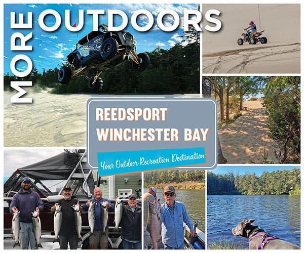 Collage promoting “Reedsport Winchester Bay Outdoor Recreation Destination,” with off-road, ATV, fishing, and river scenes.