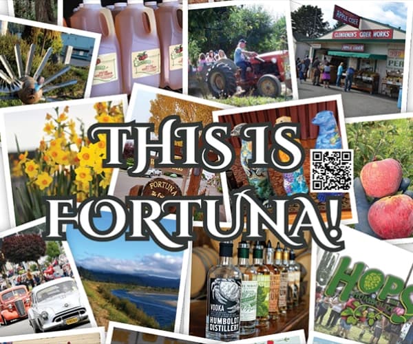 Collage with text “THIS IS FORTUNA!” and a QR code, featuring local scenes and products