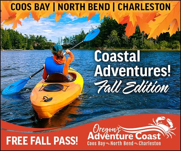 Kayak on river with “Coastal Adventures! Fall Edition” and “FREE FALL PASS!” plus “Oregon’s Adventure Coast” text