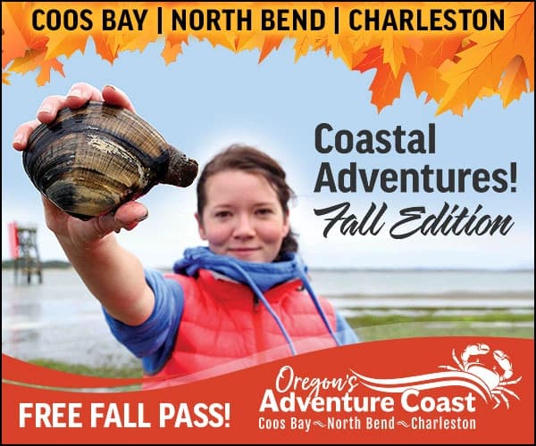 Girl holding a clam with “Coastal Adventures! Fall Edition,” “FREE FALL PASS!,” and “Oregon’s Adventure Coast” text.