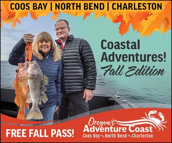 Promotional banner with couple on fishing boat and text “COOS BAY | NORTH BEND | CHARLESTON”, “Coastal Adventures! Fall Edition”, “FREE FALL PASS!”, “Oregon's Adventure Coast”